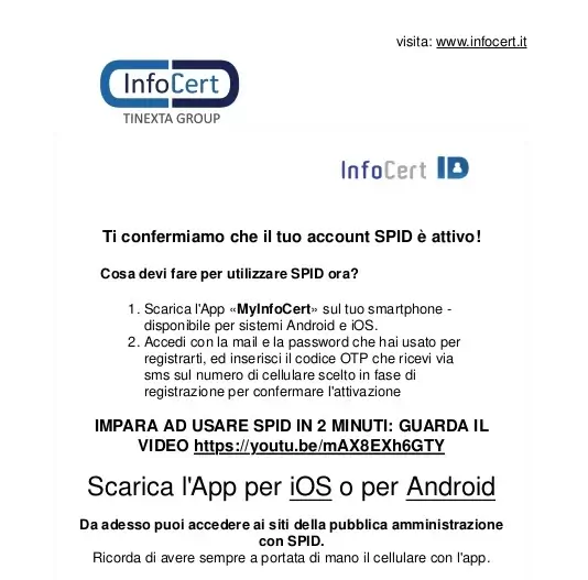 Conferma dell'attivazione dello Spid personale InfoCert ID