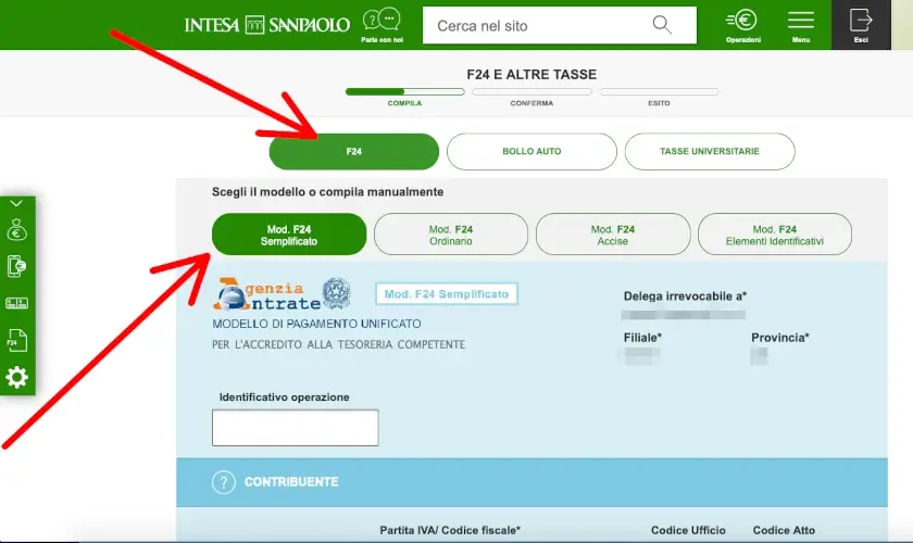 Scegli il tipo di F24 che vuoi pagare online con Sanpaolo.