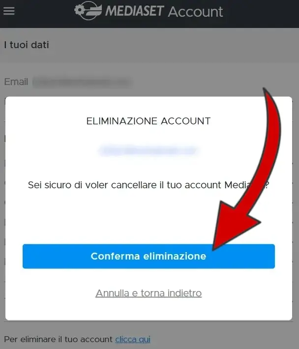 Clicca su conferma eliminazione per cancellare il tuo account Mediaset