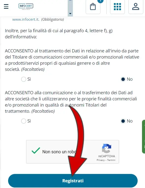 4 registrazione al sito InfoCert: accetta o meno i termini e clicca registrati