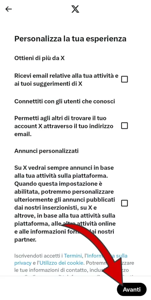 Personalizza la tua esperienza su X (twitter) selezionando o meno le caselle.