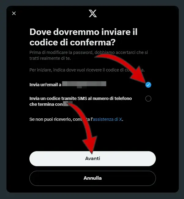 Scegli dove vuoi ricevere il codice di conferma per reimpostare la password e clicca avanti.