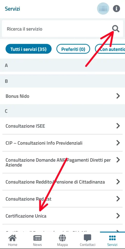 4 Scaricare Cud da App Inps Mobile - alla lettera C clicca su certificazione unica