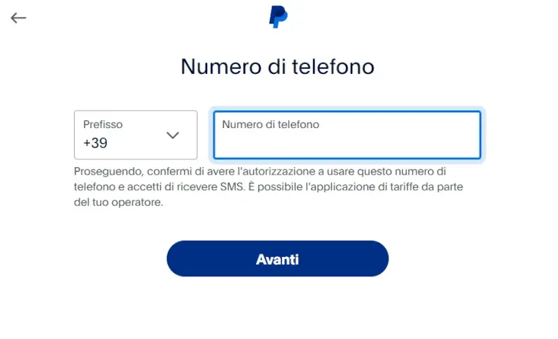 4 - inserisci il numero di telefono da associare al tuo conto PayPal