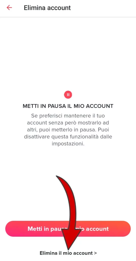 Puoi anche cliccare su metti in pausa il mio account, oppure clicca di nuovo su elimina il mio account.