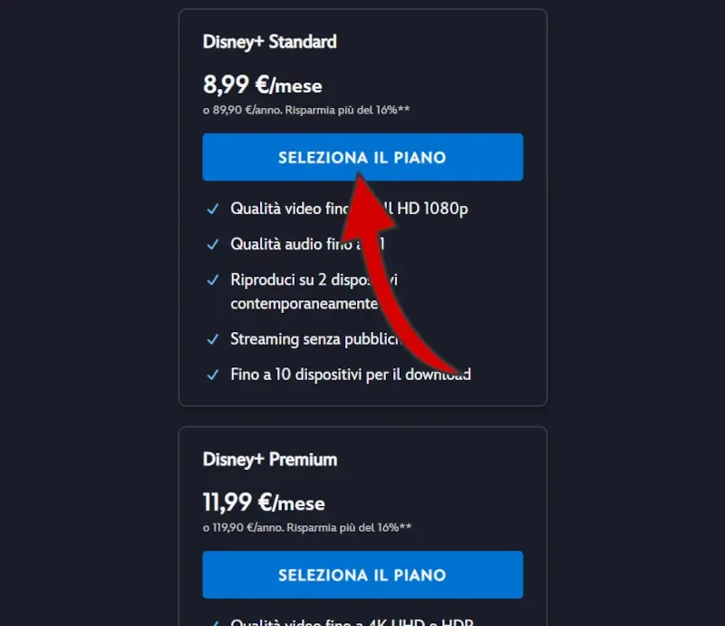 Seleziona il piano di abbonamento per la tua iscrizione.