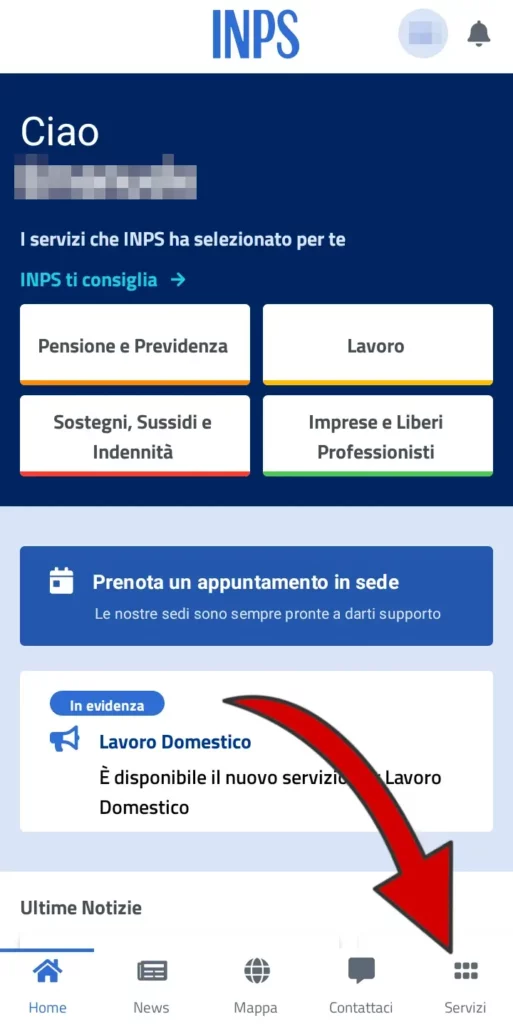 Da app Inps Mobile, effettua l'accesso e clicca in basso a destra su servizi.