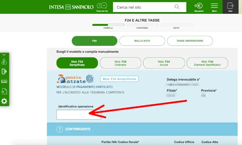 Inserisci l'identificativo operazione del tuo modello F24.