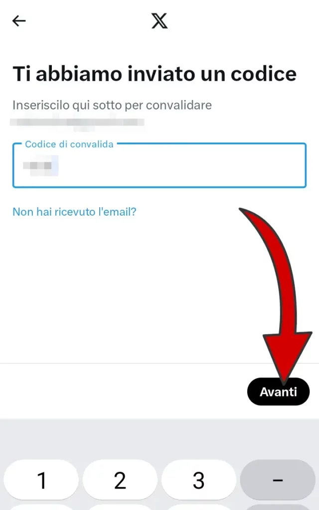 Inserisci il codice di conferma inviato alla mail inserita da Twitter.