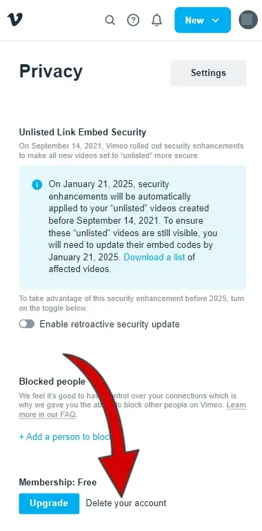 Cliccare su Delete your account per cancellarsi da Vimeo