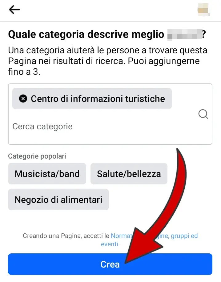 Inserisci fino a tre categorie per la tua pagina e poi clicca su crea.