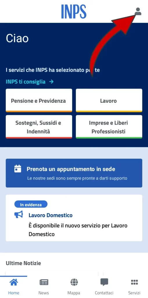 Apri l'app Inps mobile e fai l'accesso con Spid o cie