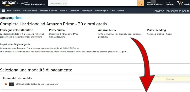 Completa l'iscrizione ad amazon prime - 30 giorni gratis