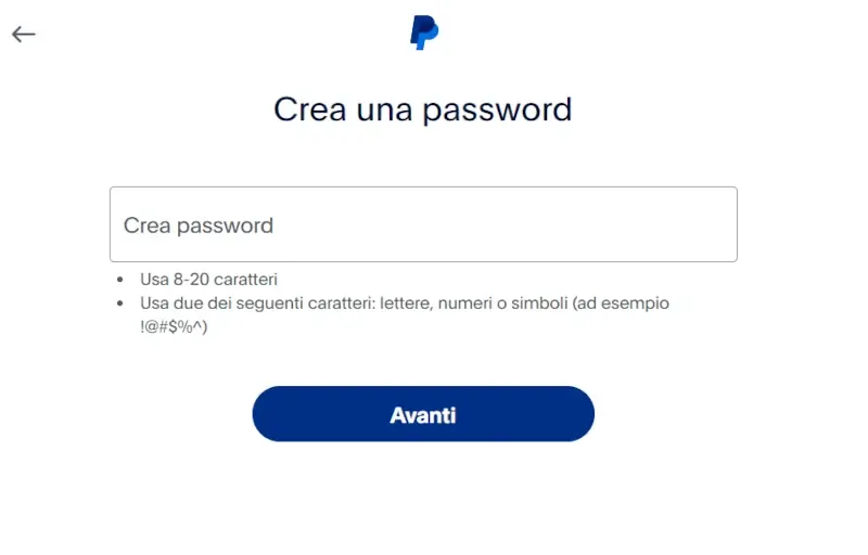 6 - crea una password per il tuo conto PayPal che soddisfi i requisiti