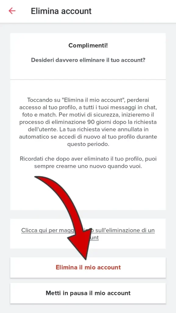 Nell'ultimo passaggio puoi di nuovo cliccare su metti in pausa oppure clicca Elimina il mio account.