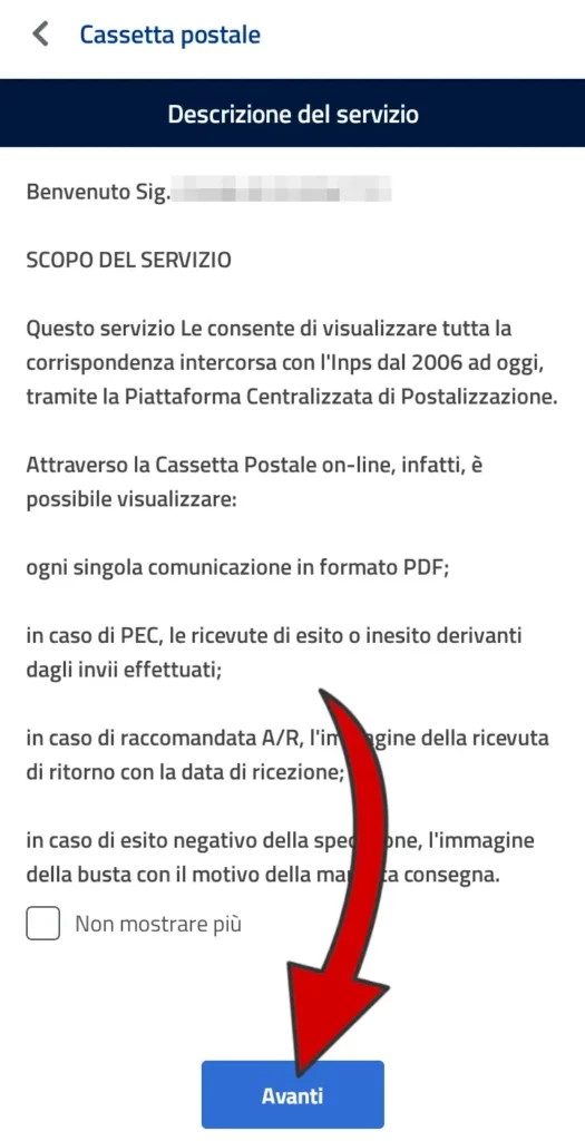 Vedrai la descrizione del servizio che ti permette di leggere le comunicazioni dell'INPS