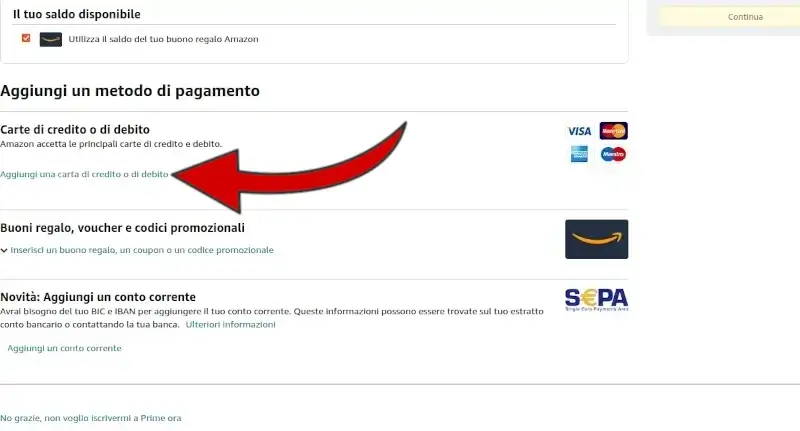 Inserisci un metodo di pagamento tra quelli accettati da Amazon