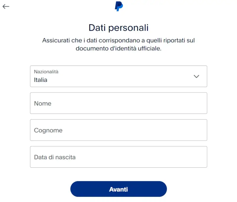 7 - inserisci i dati personali per aprire il conto PayPal