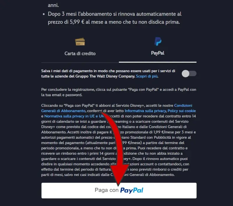 Clicca Paga con Paypal per usare questo metodo di pagamento e terminare l'iscrizione a Disney+.