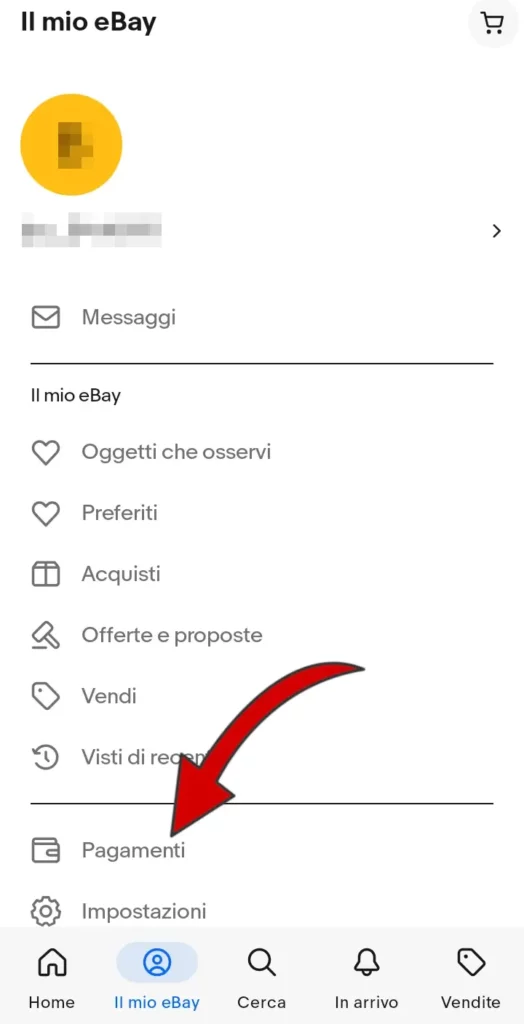 7 iscrizione da App - clicca su pagamenti per aggiungere un metodo per ebay