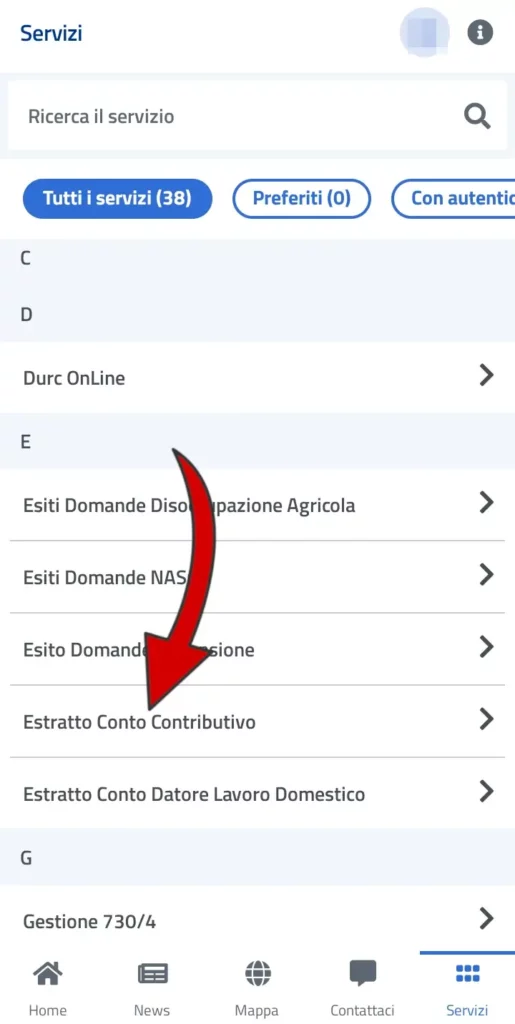 Cerca tra i servizi la voce estratto conto contributivo e cliccala