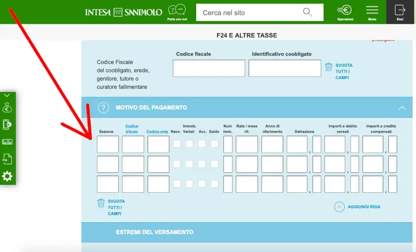 Inserisci i dati richiesti per identificare l'F24 da pagare su Intesa Sanpaolo.