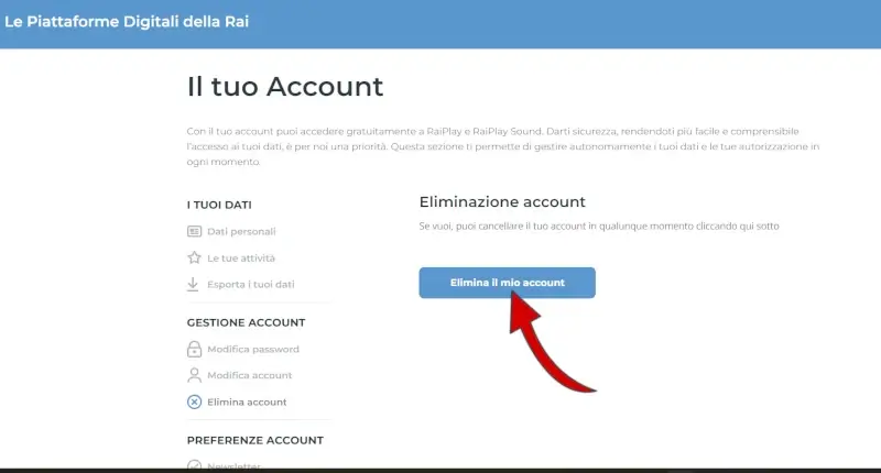 Clicca su elimina il mio account per terminare la cancellazione