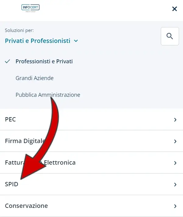 2 richiesta Spid InfoCert: dal menù clicca su SPID