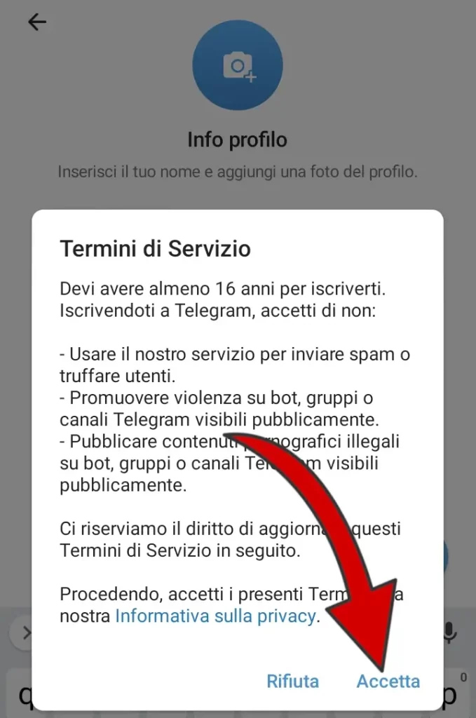 Devi accettare i termini di servizio per regsitrarti a telegram.