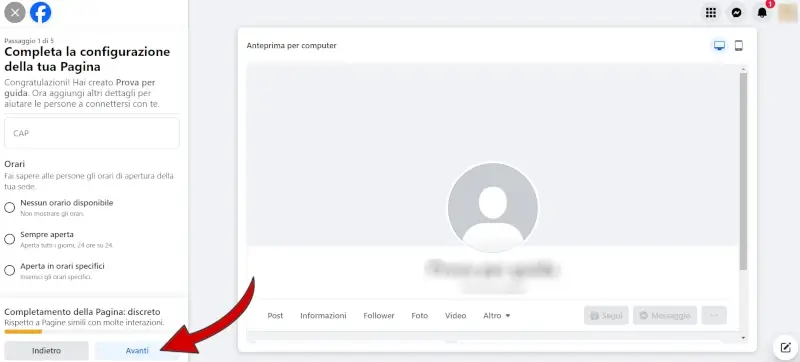 Puoi inserire gli orari in cui l'attività o la pagina facebook è aperta e attiva.