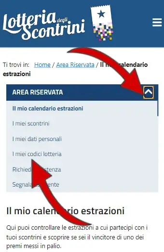 Apri il menù area riservata e clicca su I miei codici lotteria