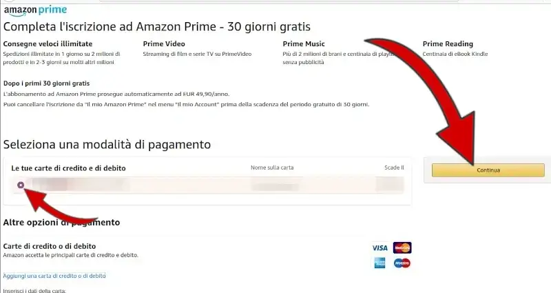 Continua per iscriversi e iniziare la tua prova gratis di amazon prime