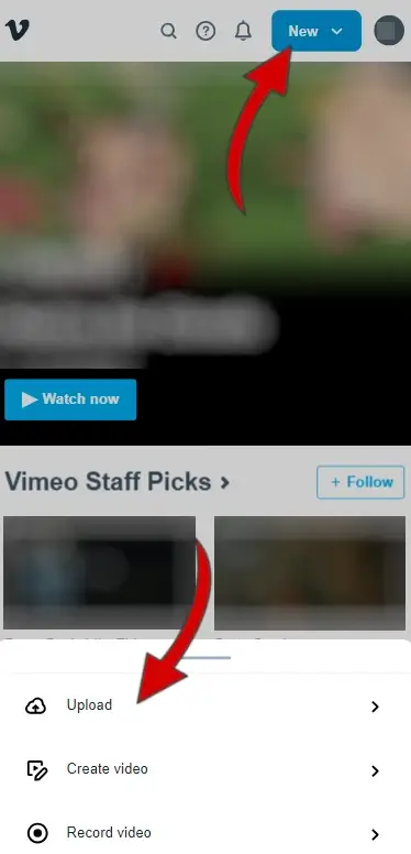 Se clicchi su New puoi caricare, registrare o creare un video su Vimeo gratis