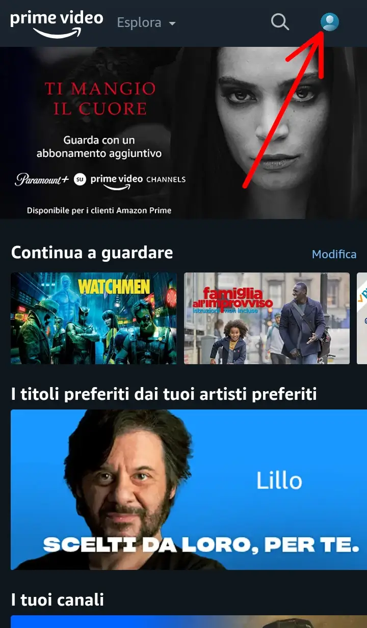 Passaggio 1 Vai sul sito di Prime Video, effettua l'accesso e clicca sulla tua immagine profilo in alto a destra.