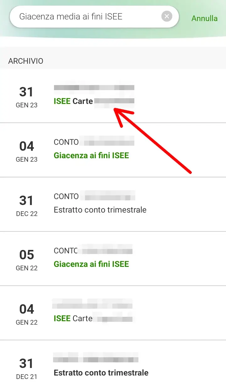 Passaggio 3 Cerca tra le comunicazioni quelle chiamate ISEE carte o giacenza ai fini Isee.