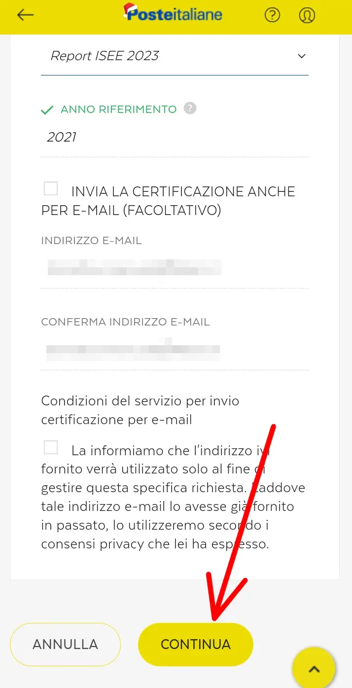 Passaggio 10 seleziona se ricevere la giacenza via mail e clicca continua.