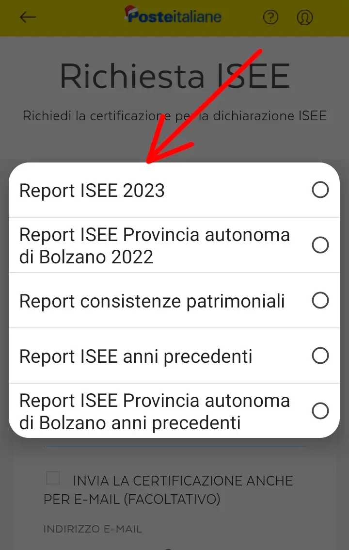 Passaggio 9 Seleziona il tipo di ISEE che richiederai con la certificazione di Poste Italiane.