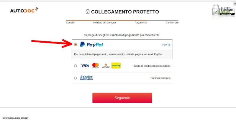 19 Ricambi su Autodoc.it - seleziona il metodo di pagamento per pagare ad esempio Paypal