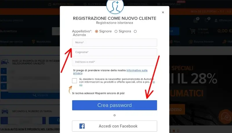3 Ricambi online - crea una password per il tuo account