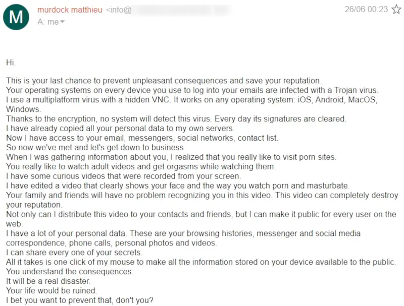 Esempio di email "This is your last chance to prevent unpleasant consequences and save your reputation."
