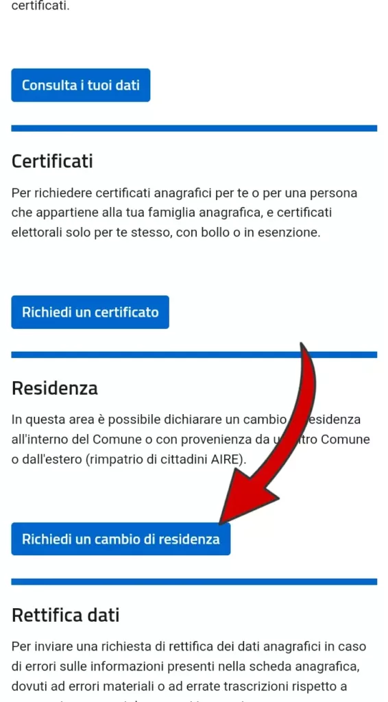 Passaggio 1 - Vai sul sito ANPR effettua l'accesso e vai nell'area dedicata alla residenza.