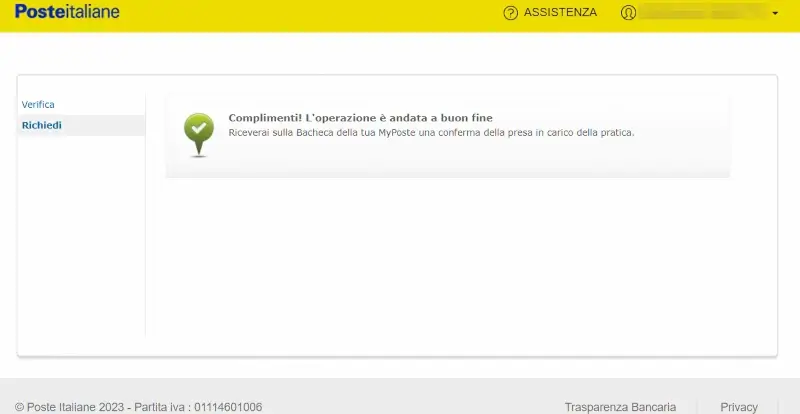 10 - una volta inoltrata la richiesta vedrai un messaggio di conferma