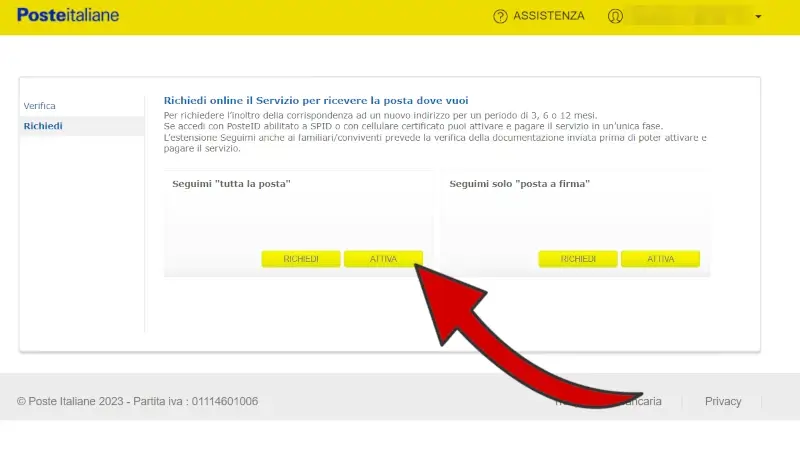 12 - torna sulla pagina di richiesta del sito Poste.it e clicca su attiva per attivare seguimi
