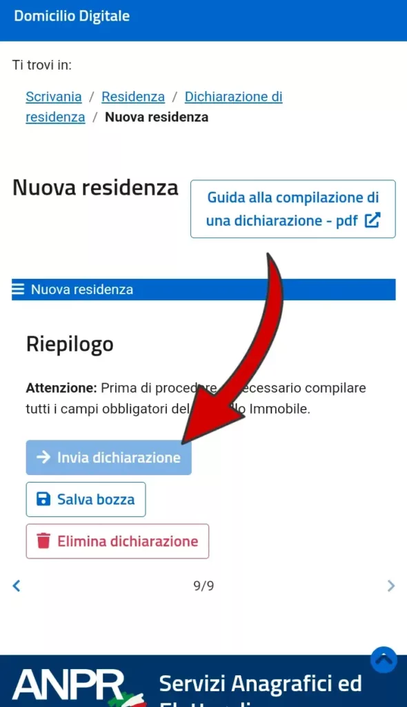 Passaggio 19 - correggi eventuali mancanze o errore e clicca su invia dichiarazione per il cambio di residenza.