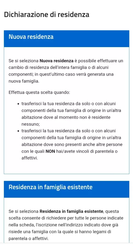 Passaggio 2 - scegli se richiedere una nuova residenza o in una famiglia già esistente.