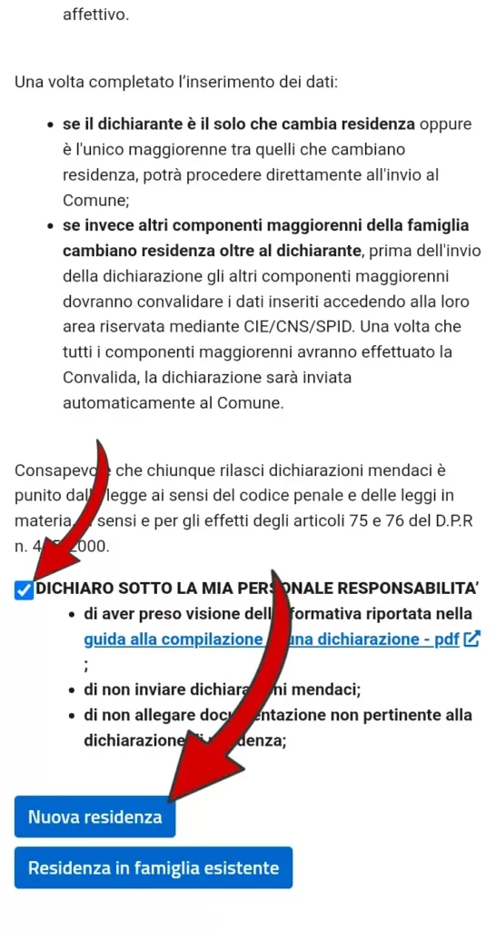 Passaggio 3 - accetta i termini e seleziona il tipo di residenza che vuoi chiedere