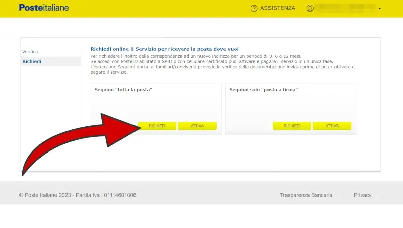 4 - dalla pagina del servizio, devi cliccare su richiedi per procedere alla richiesta di attivazione