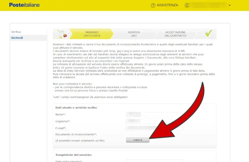 5 - inserisci i dati del richiedente e carica un suo documento di riconoscimento