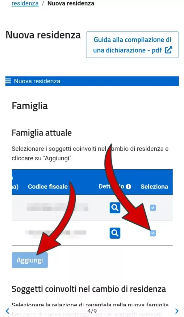 Passaggio 7 - aggiungi i componenti del nucleo famigliare coinvolti nel cambio di residenza