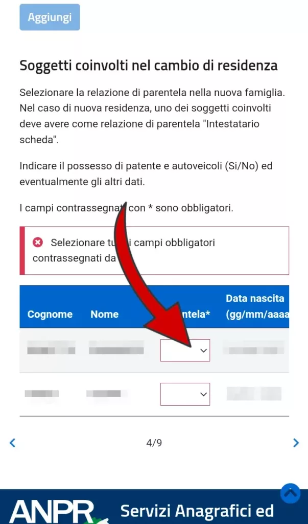 Passaggio 8 - selezionare il rapporto di parentela con il componente